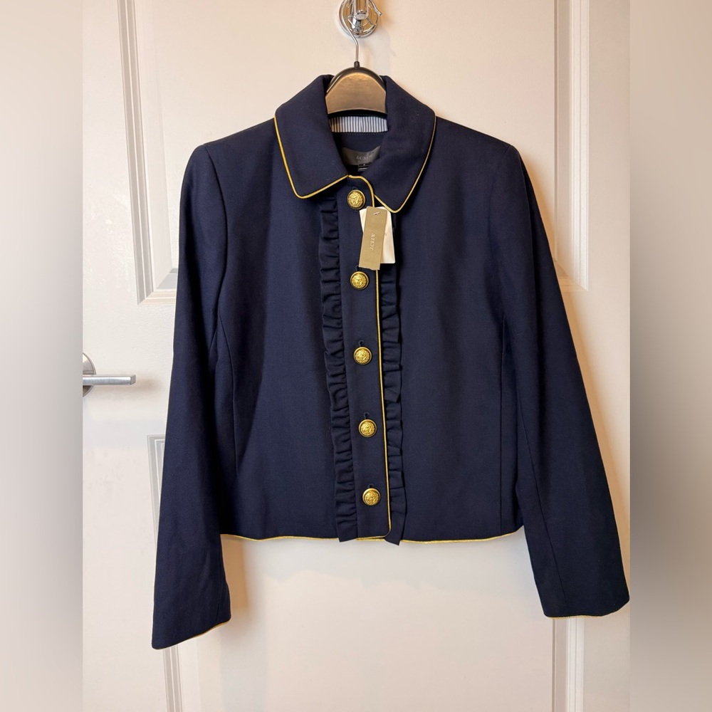 $198 J.Crew Navy Blazer Jacket Gold Crest Buttons Ruffle Front Wool Blend Size 6 - Picture 7 of 16